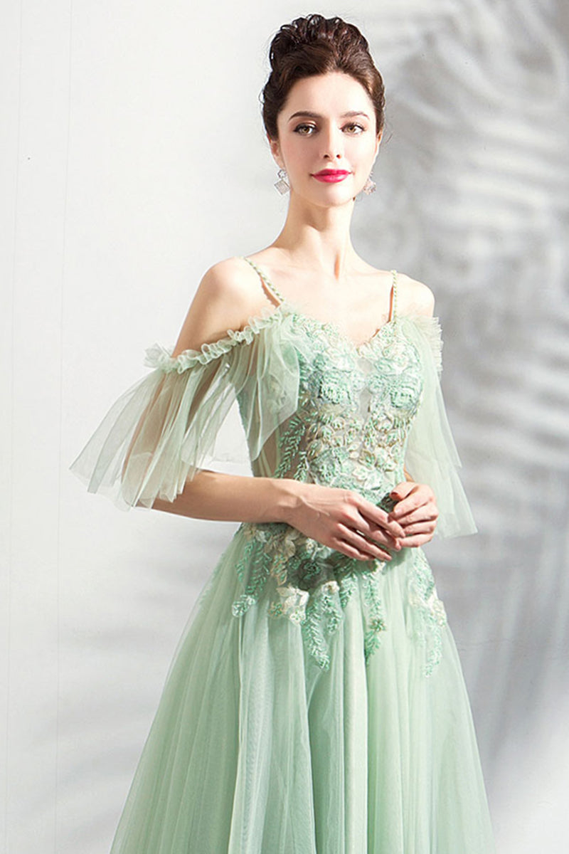 Light Green Lace Flowers V-neckline Straps Long Tulle Prom Dress, A-li Cutedressy Light Green Lace Flowers V-neckline Straps Long Tulle Prom Dress, A-li Cutedressy