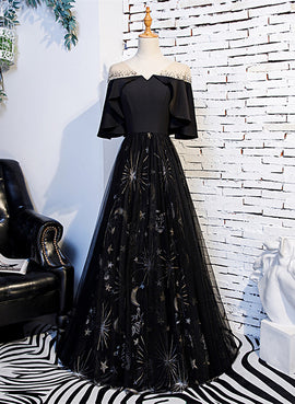 Black Tulle Beaded Long Party Dress, A-line Black Formal Dress Prom Dress