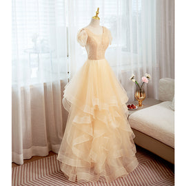 Champagne Tulle Short Sleeves with Beaded Long Party Dress, Champagne Prom Dress