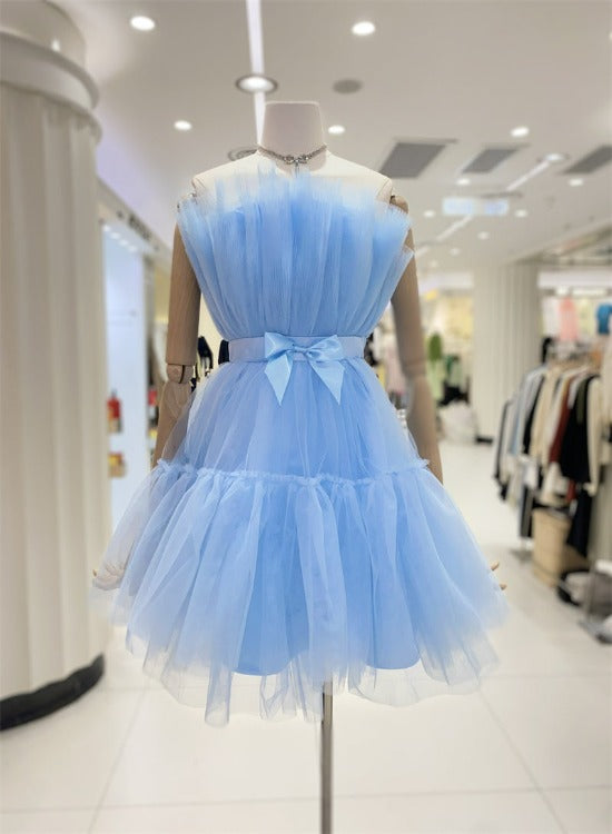 Cute Short Blue Tulle Party Dress with Bow, Lovely Formal Dresses Homecoming Dress