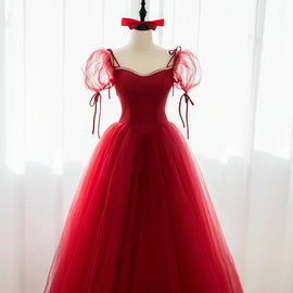 Dark Red Sweetheart Beaded Short Sleeves Prom Dress, Wine Red Evening Gown