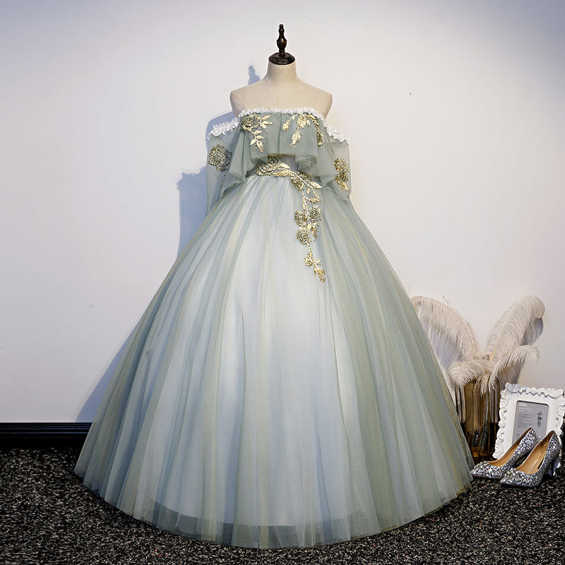 Light Green V-neckline Tulle Sweet 16 Dress, Light Green Long Prom Dress Party Dress