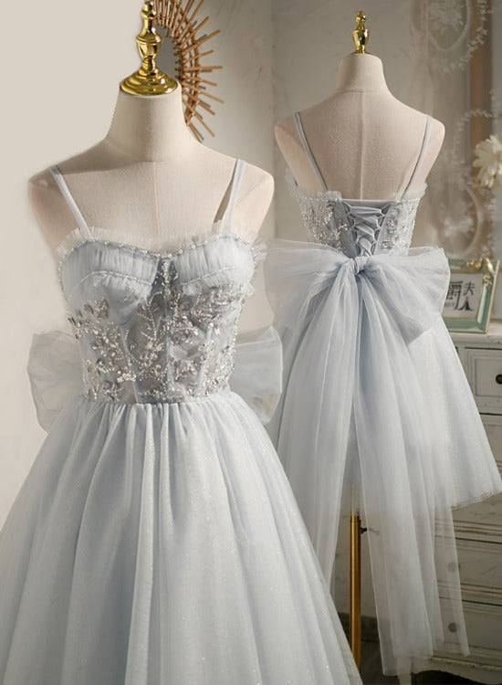 Lovely Sliver-Grey Tulle with Beaded Short Party Dresses, Tulle Short Cutedressy Lovely Sliver-Grey Tulle with Beaded Short Party Dresses, Tulle Short Cutedressy