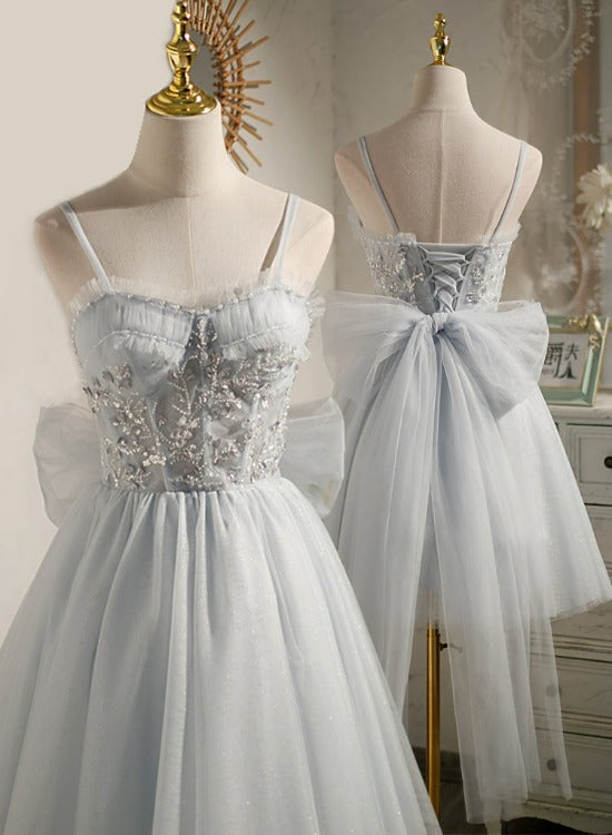 Lovely Sliver-Grey Tulle with Beaded Short Party Dresses, Tulle Short Prom Dresses 2022
