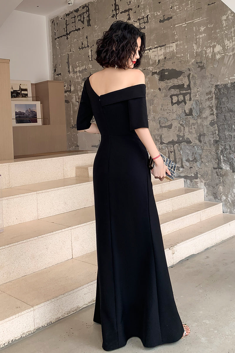 Black One Shoulder Slit Long Evening Dress, Black Formal Dress Prom Dress