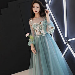 Light Green Tulle Long Party Dress with Flowers, Long Formal Dresses