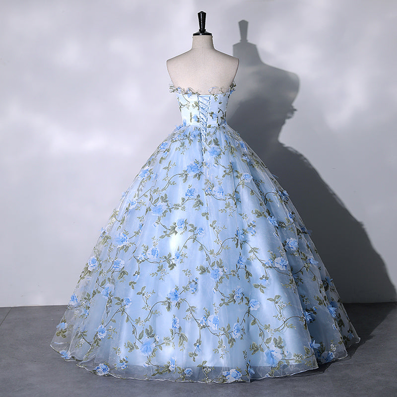 Blue Flowers Sweetheart Ball Gown Formal Dress, Blue Long Sweet 16 Dre – Cutedressy Blue Flowers Sweetheart Ball Gown Formal Dress, Blue Long Sweet 16 Dre – Cutedressy