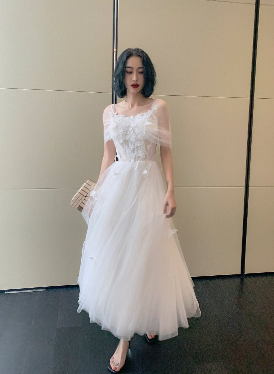 Cute White Tulle Tea length Off Shoulder Princess Party Dress, Lovely White Formal Dress