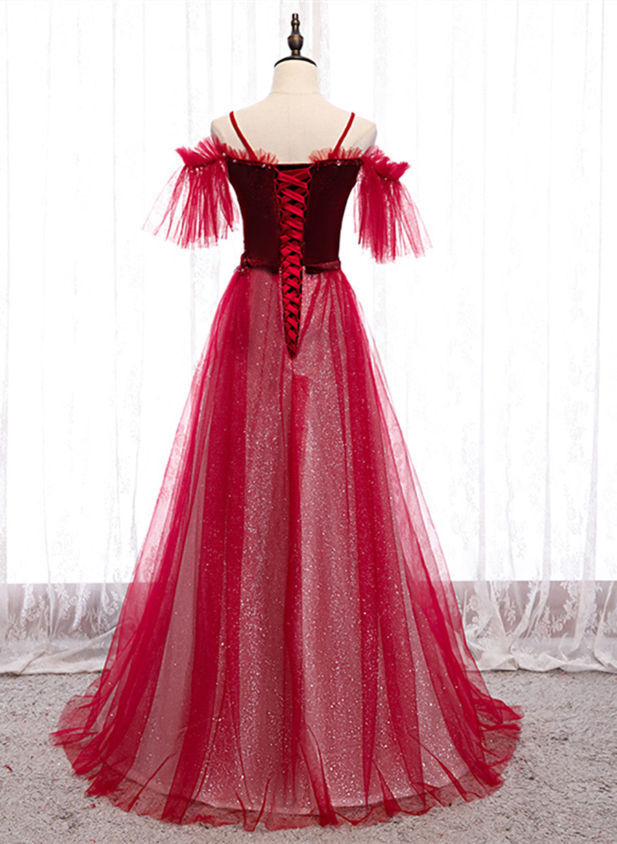 Red A-line Floor Length Off Shoulder Long Prom Dress, Red Long Evening Dress