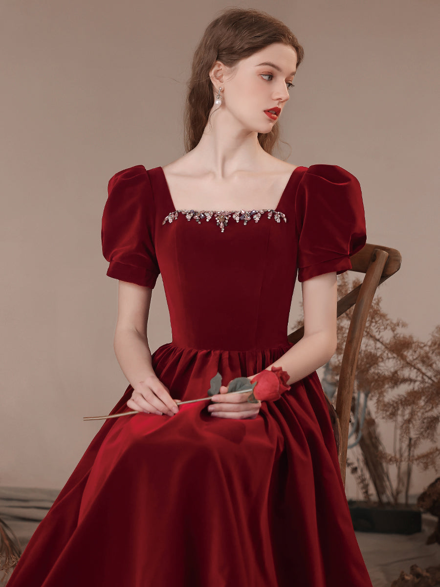 Wine Red Short Sleeves Velvet Long Party Dress, A-line Wine Red Formal Dress