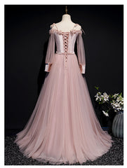 Pink Tulle and Velvet Long Sleeves Flowers Evening Dress, New Style A-line Party Dress