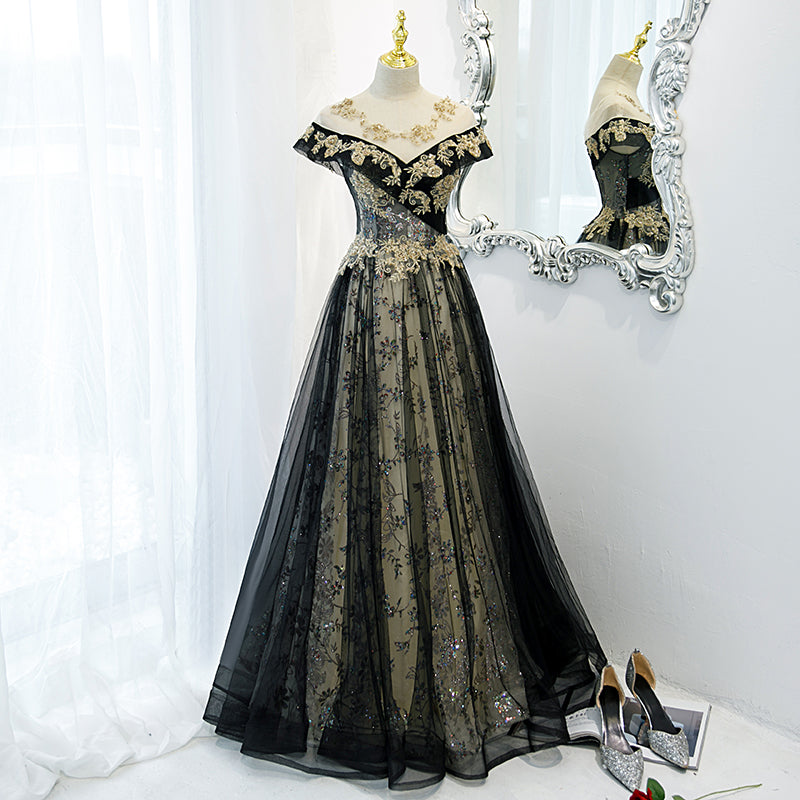 Beautiful Black Off Shoulder A-line Party Dress with Gold Lace, Black Evening Dresses Prom Dress