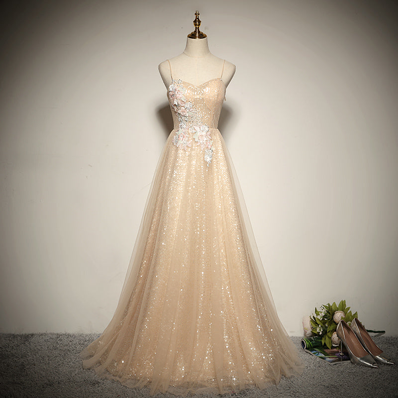 Beautiful Light Champagne Straps Long Bridesmaid Dress, A-line Formal Dress