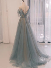 Blue Tulle Sweetheart Off Shoulder Long Party Dress, Elegant Evening Dress