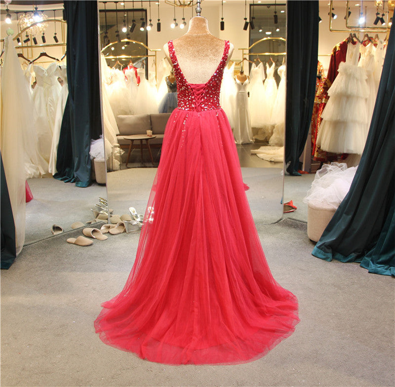 Beautiful Red Tulle Long Prom Dress, A-line Beaded Party Dress