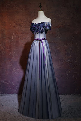 Lovely Navy Blue Tulle Off Shoulder Long Party Dress, A-line Floor Length Evening Dress