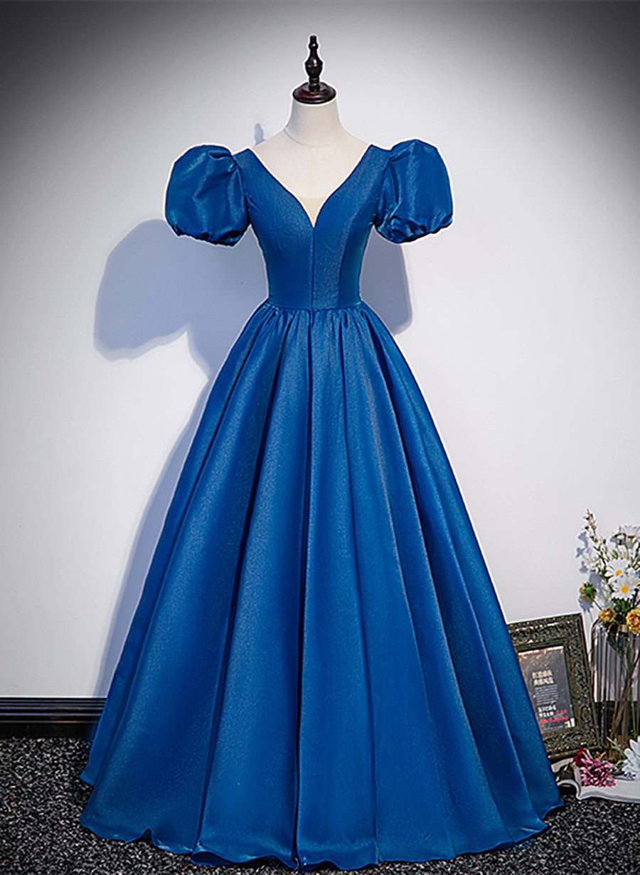 Blue Satin V-neckline Short Sleeves Long Formal Dress, Blue Satin Prom Dress