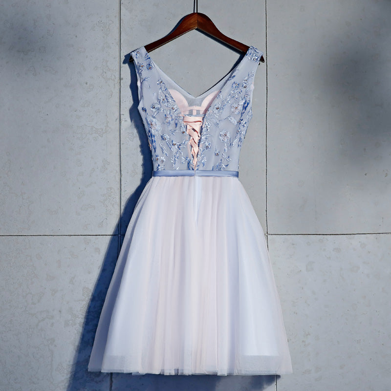 Short Blue Prom Dress A-line Homecoing Dress, V-neckline Prom Dress