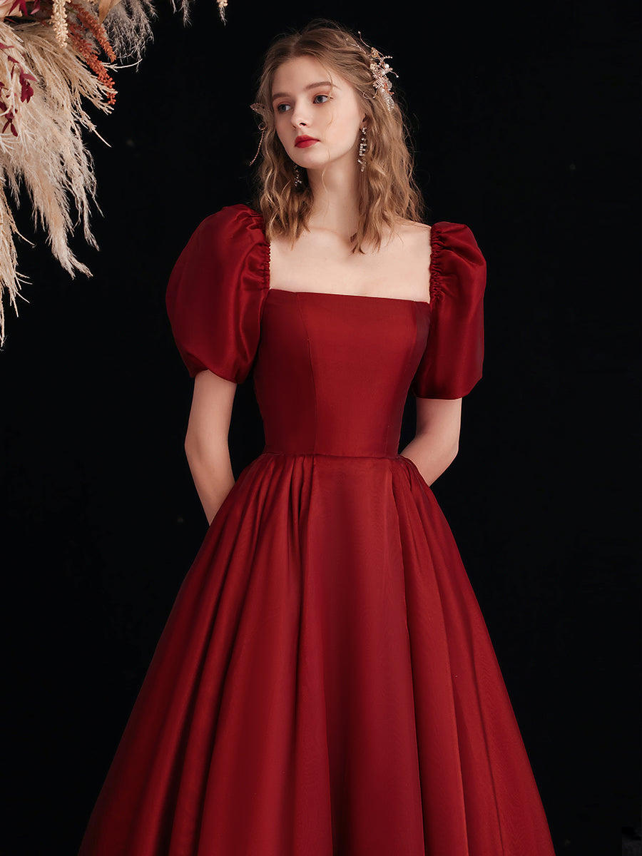 Wine Red Satin Long Prom Dress, A-line Off Shoulder Formal Dress