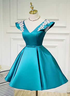 Teal Blue Satin Short Party Dress with White Lace, Blue Homecoming Dress Prom Dress