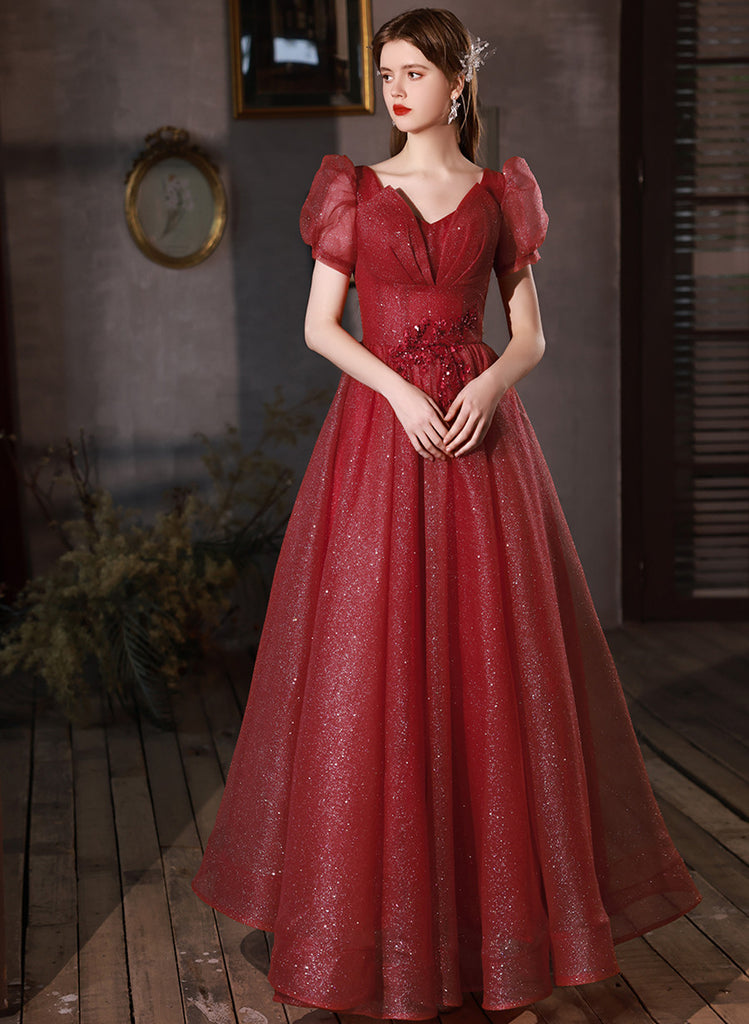 Wine Red Long Sleeves Beaded Tulle Evening Gown A-line Long Prom Dress Wholesale