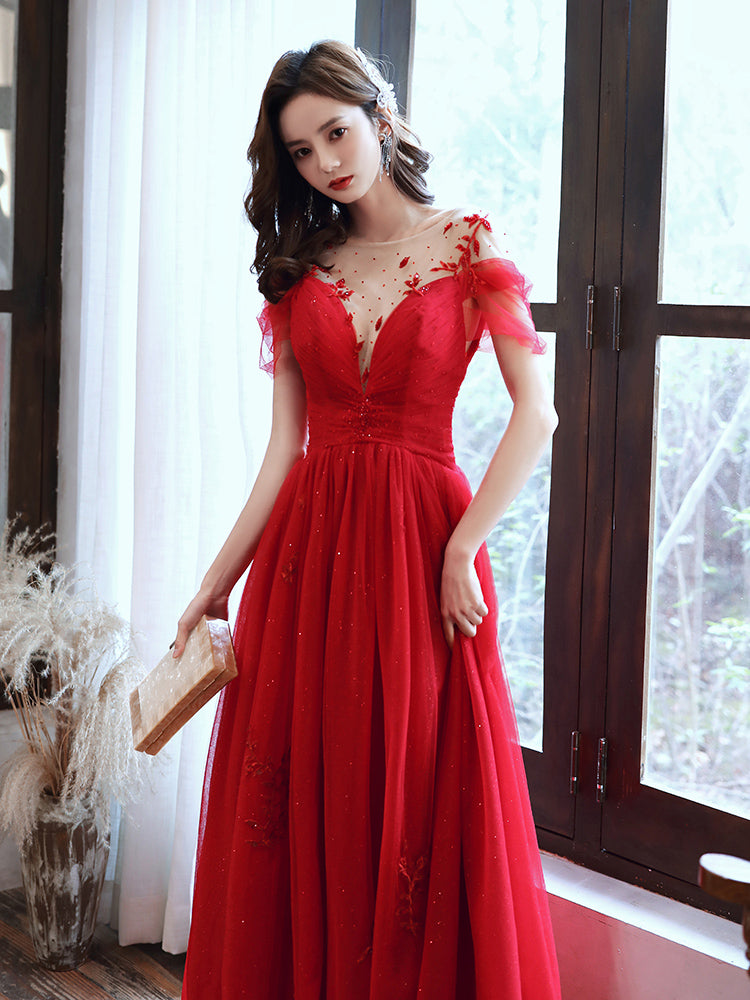 Red Tulle Sweetheart Elegant Long Formal Dress, Red Party Dress Wedding Party Dress