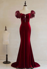 Wine Red Mermaid Long Party Dress with Bow, Wine Red Evening Dress Prom Dress