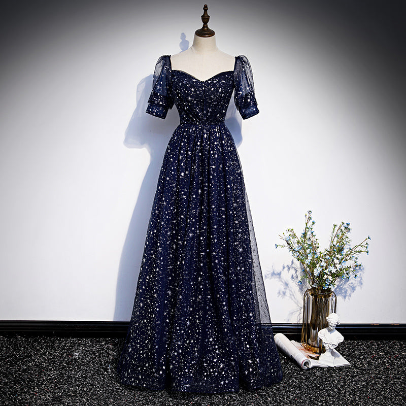 Navy Blue Short Sleeves Sweetheart Long Party Dress, A-line Blue Evening Gown