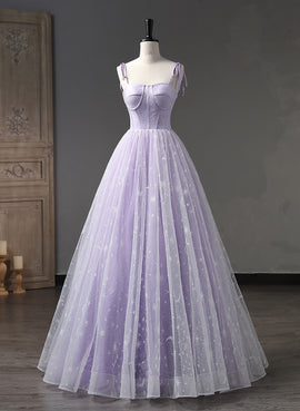 Lavender Tulle Floral Straps Floor Length Party Dress, Lavender Tulle Prom Dress