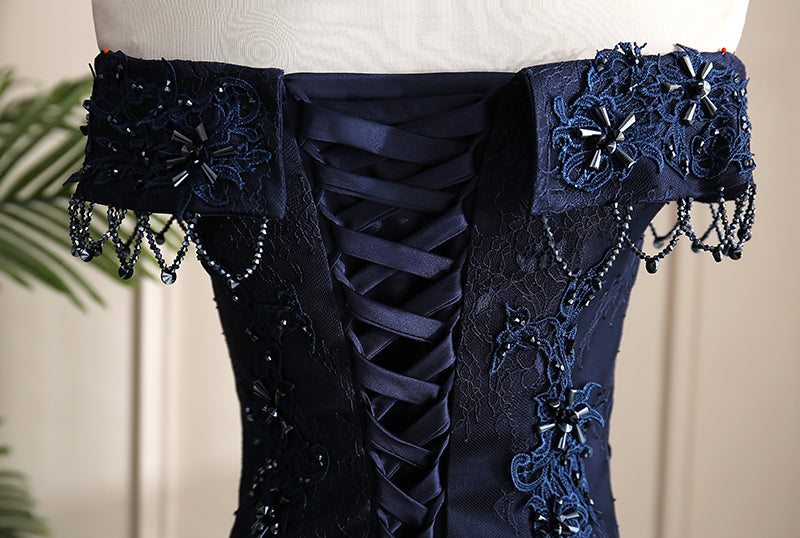 Navy Blue Sweetheart with Lace Applique Sweet 16 Dress, Blue Long Form Cutedressy Navy Blue Sweetheart with Lace Applique Sweet 16 Dress, Blue Long Form Cutedressy