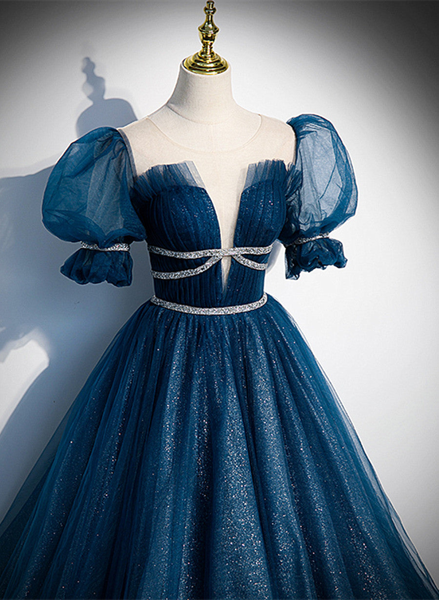 Shiny Tulle Blue Short Sleeves Long Formal Dress, Blue Evening Prom Dress