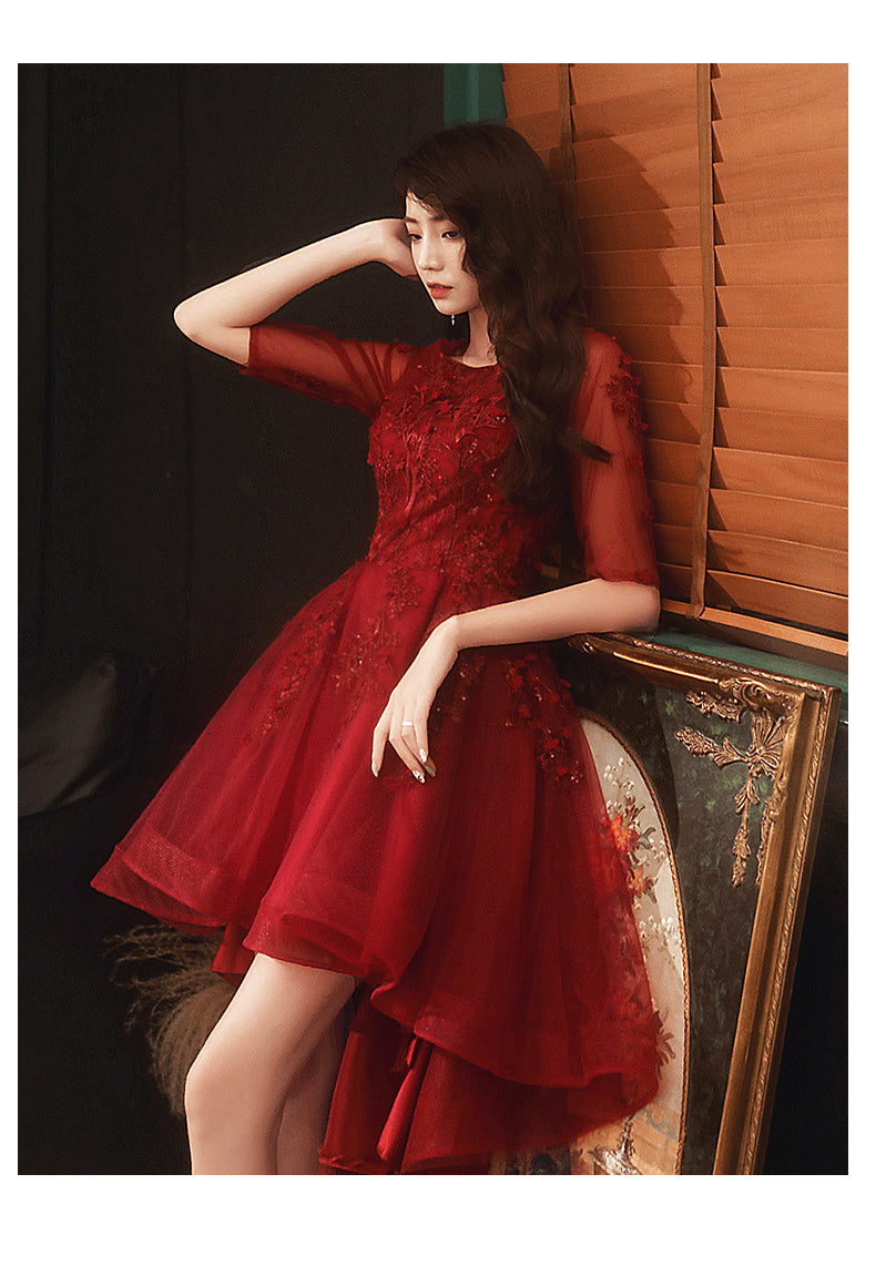 Dark Red High Low Tulle Short Sleeves Flowers Party Dress, Homecoming Dress Dark Red High Low Tulle Short Sleeves Flowers Party Dress, Homecoming Dress