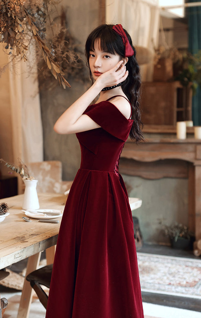 Wine Red Velvet Off Shoulder Long Evening Dress, Dark Red Party Dress ...