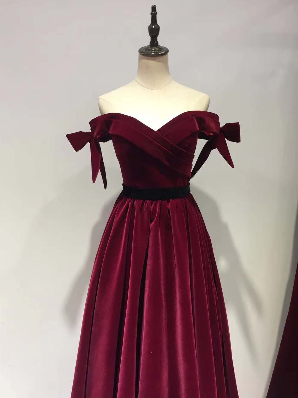 Charming Wine Red Off Shoulder Velvet Long Party Dress , Junior Prom Dresses