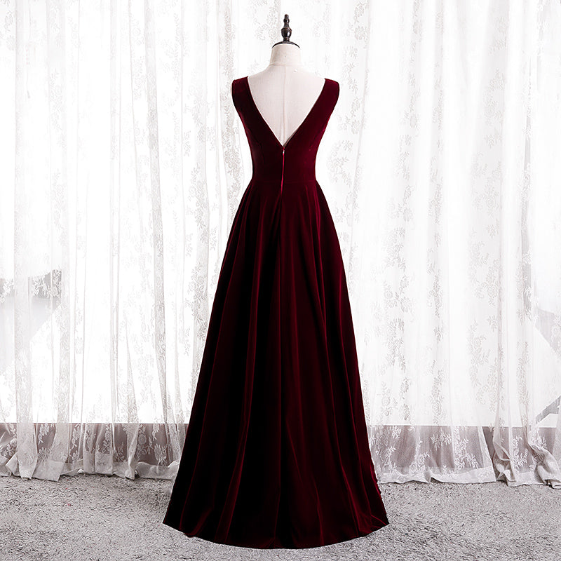Wine Red V-neckline Velvet Long Bridesmaid Dress Party Dress, A-line S – Cutedressy