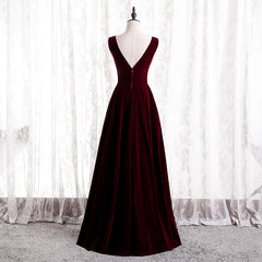 Wine Red V-neckline Velvet Long Bridesmaid Dress Party Dress, A-line Simple Formal Dress