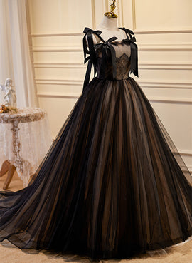Black and Champagne Tulle Straps Prom Dress with Bow, Black Long Party Dress