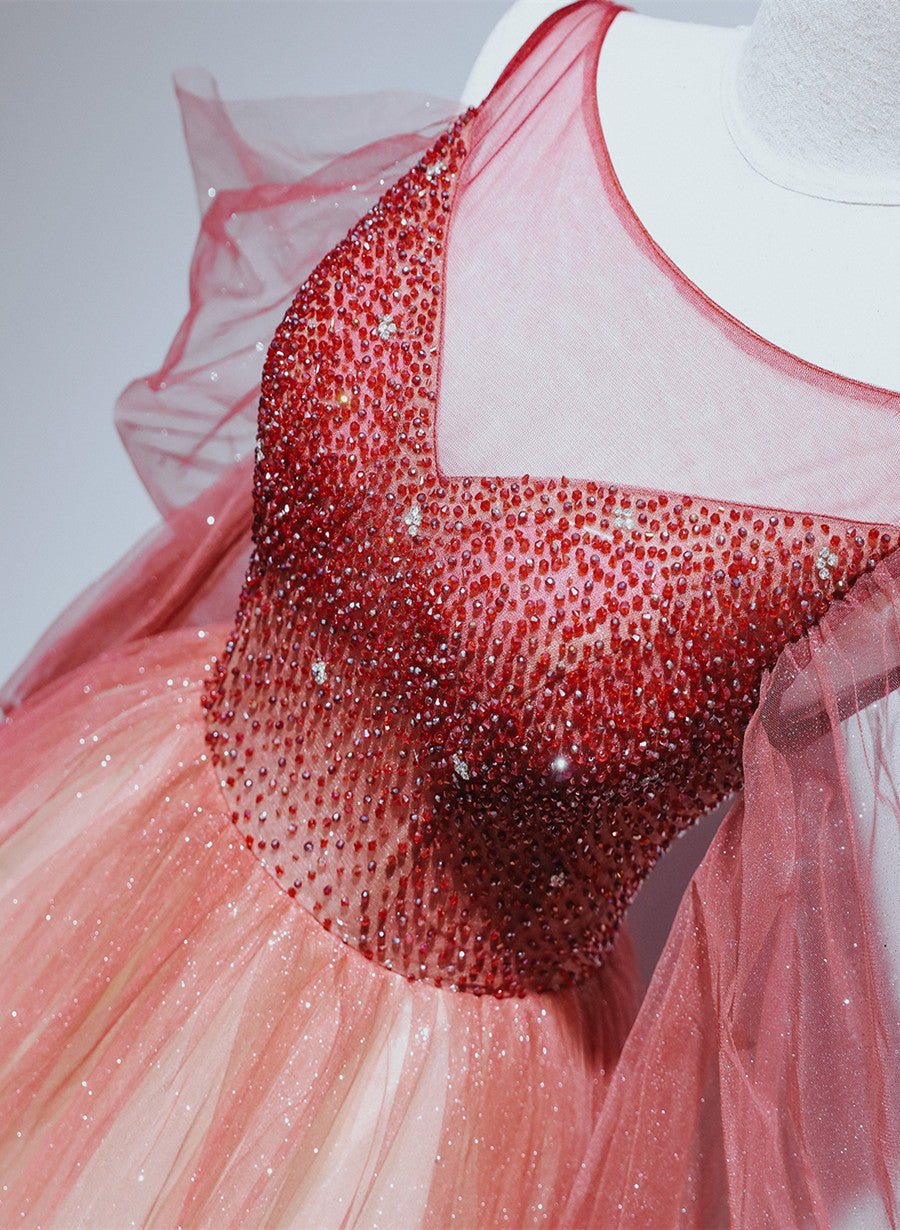 Red Gradient Beaded Tulle A-line Long Formal Dress, Red Junior Prom Dress Red Gradient Beaded Tulle A-line Long Formal Dress, Red Junior Prom Dress