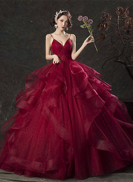 Glam Wine Red Tulle Ball Gown V-neckline Prom Dress, Wine Red Evening Dress