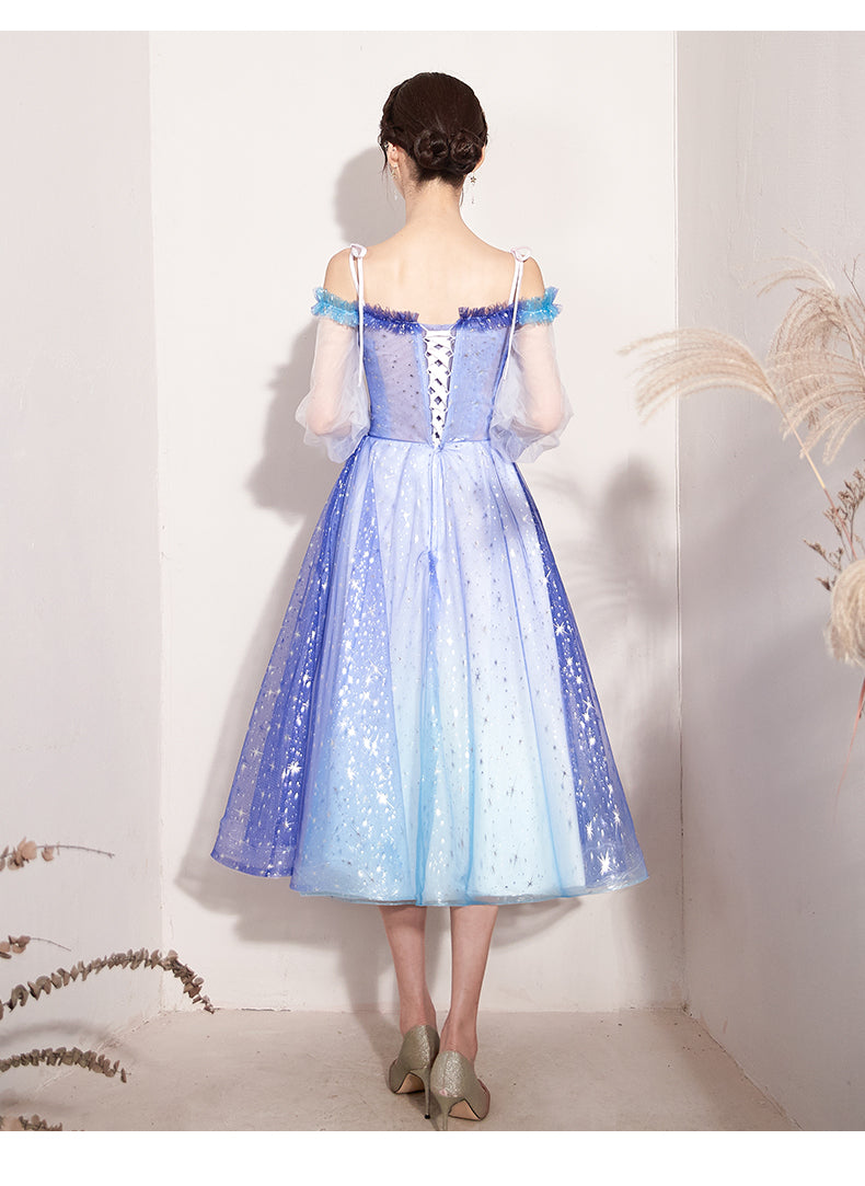 Beautiful Gradient Blue Sparkle Short Prom Dress, Off Shoulder Tulle Homecoming Dress
