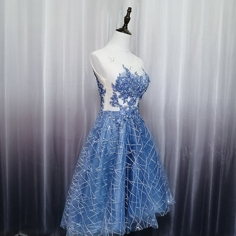 Blue Lace Round Neckline High Low Party Dress, Blue Short Homecoming D Cutedressy Blue Lace Round Neckline High Low Party Dress, Blue Short Homecoming D Cutedressy
