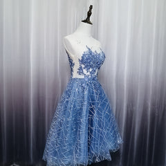 Blue Lace Round Neckline High Low Party Dress, Blue Short Homecoming Dress