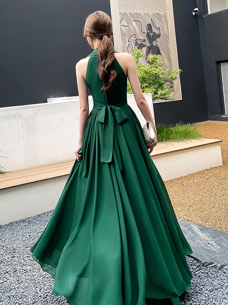 Dark Green Chiffon Halter Long Wedding Party Dress, Dark Green Bridesm Cutedressy Dark Green Chiffon Halter Long Wedding Party Dress, Dark Green Bridesm Cutedressy