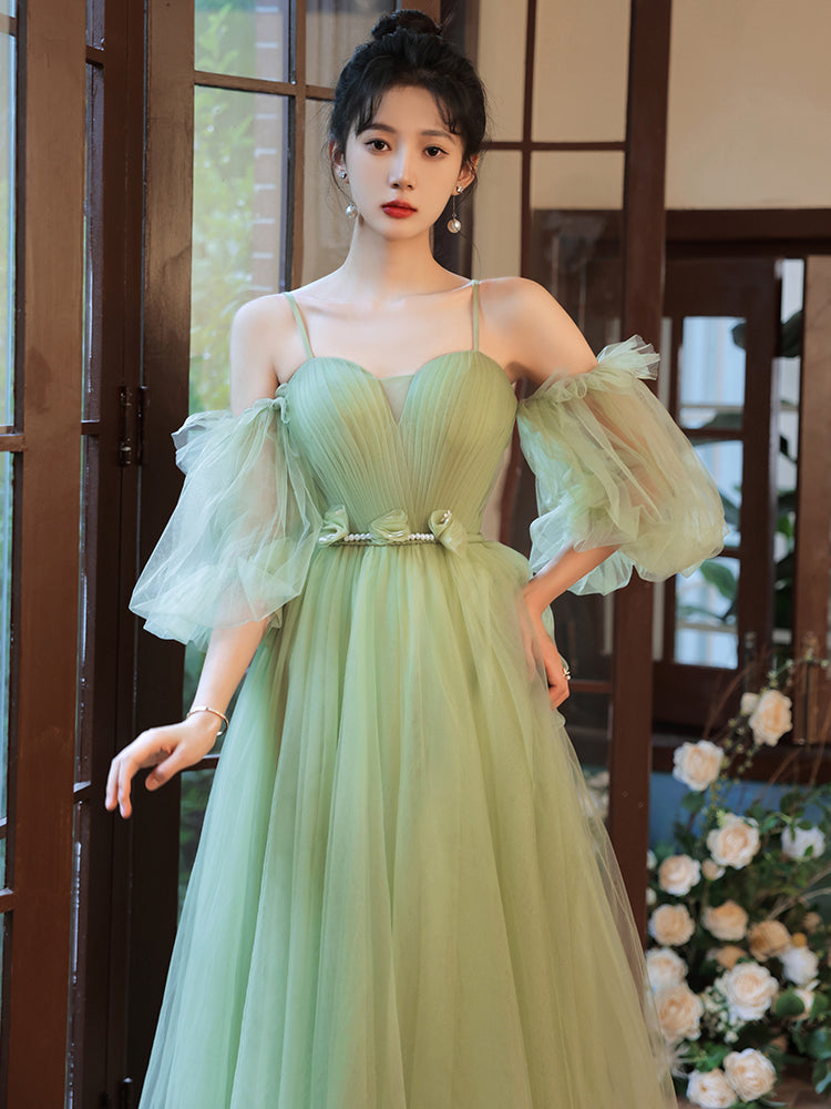Light Green Tulle Simple Sweetheart Party Dresses, Green Long Prom Dresses