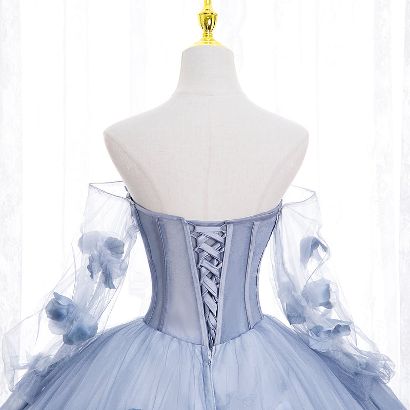 Light Blue Tulle Long Sleeves with Flowers, Blue Junior Prom Dresses ...