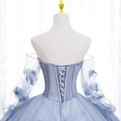 Light Blue Tulle Long Sleeves with Flowers, Blue Junior Prom Dresses