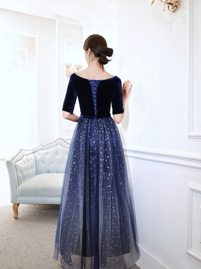 Simple Long Velvet and Tulle Short Sleeves Prom Dress Evening Dress, Blue Bridesmaid Dress
