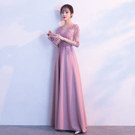 Charming Round Pink Lace Applique Long Wedding Party Dress, Pink Party Dress