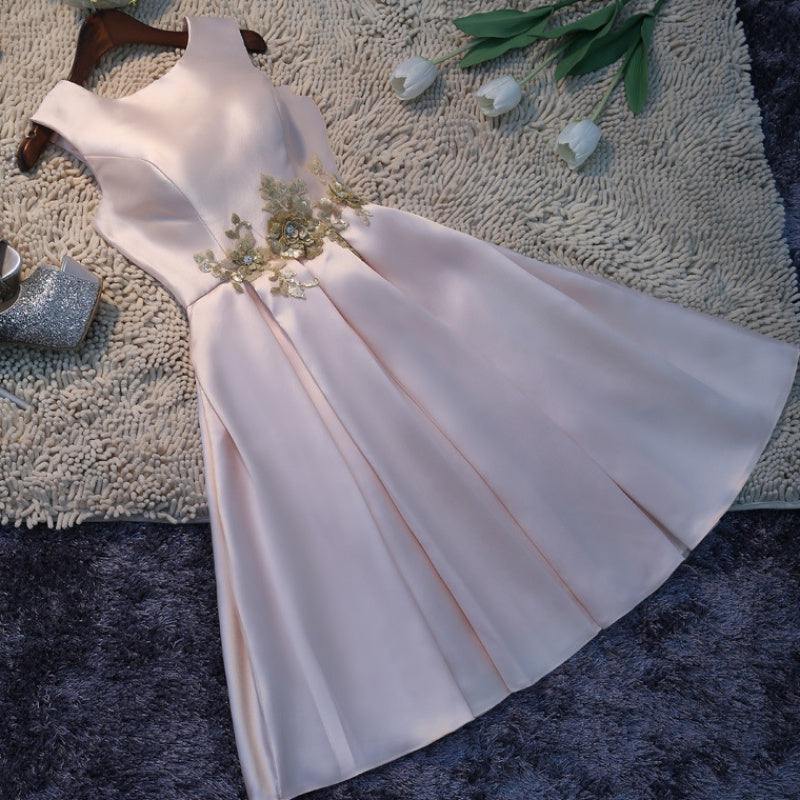 Pink Satin Short Prom Dress, Pink Bridesmaid Dress