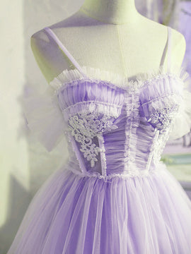 Cute Lavender Tulle Short Straps Homecoming Dresss, Tulle Sweetheart Prom Dress